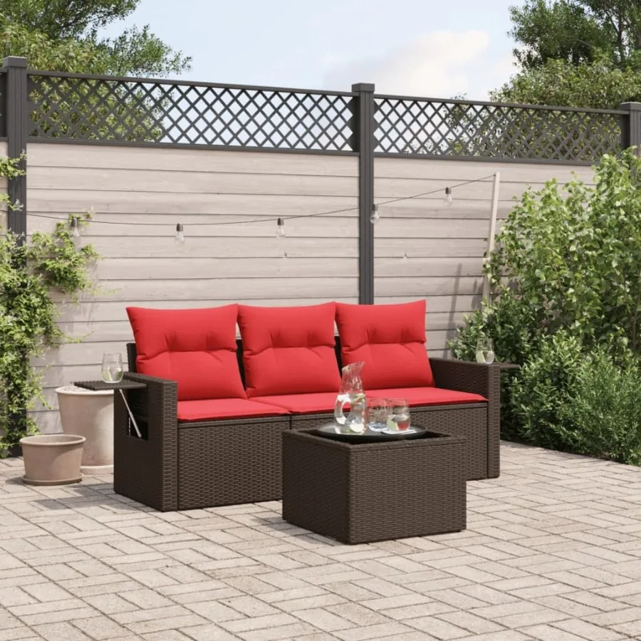 

4 Piece Patio Sofa Set with Cushions Brown Poly Rattan