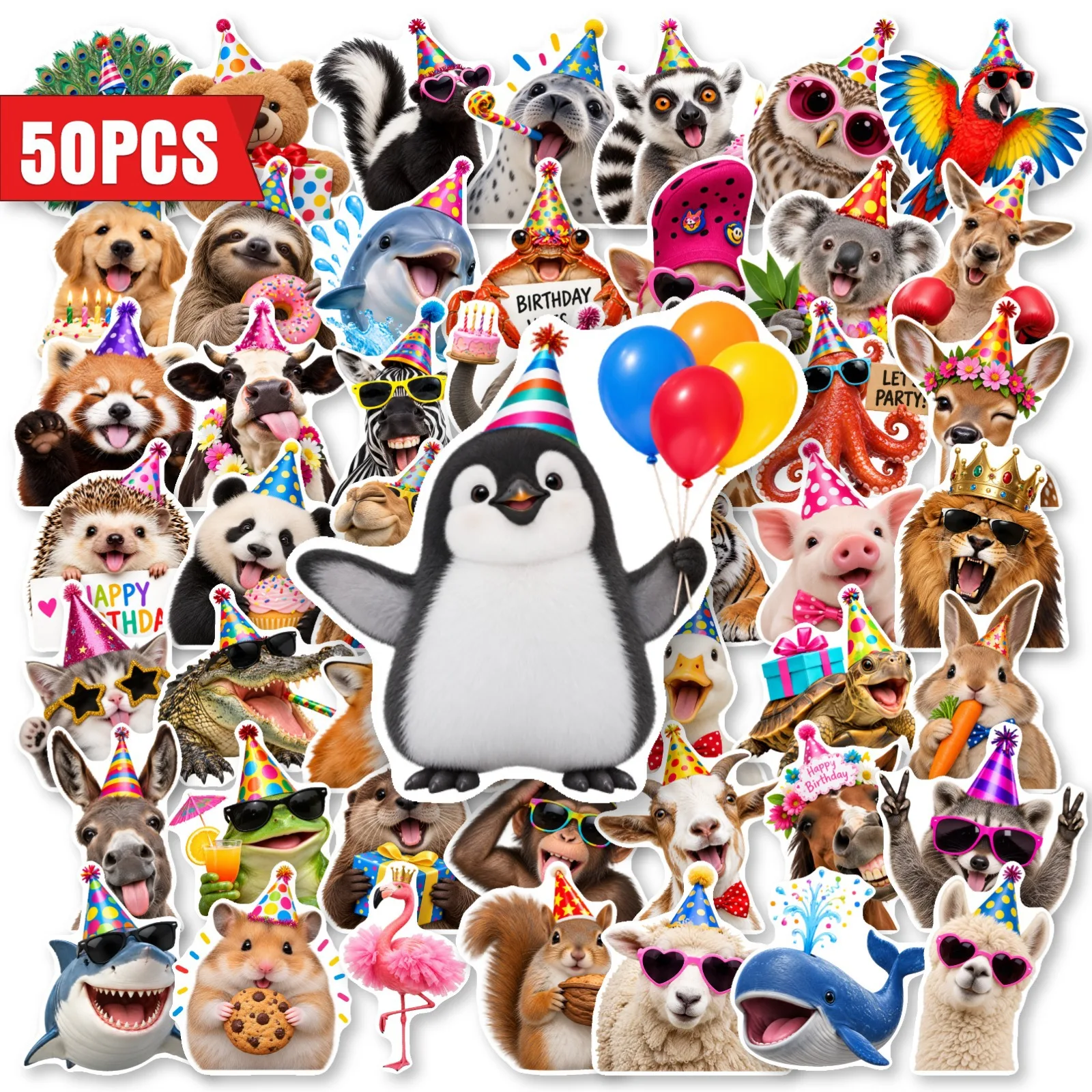50 PCS Fun Birthday Party Theme Balloon Cake Cartoon Funny Animal With Hat Decorate Decals For Atmosphere Decoration Stickers