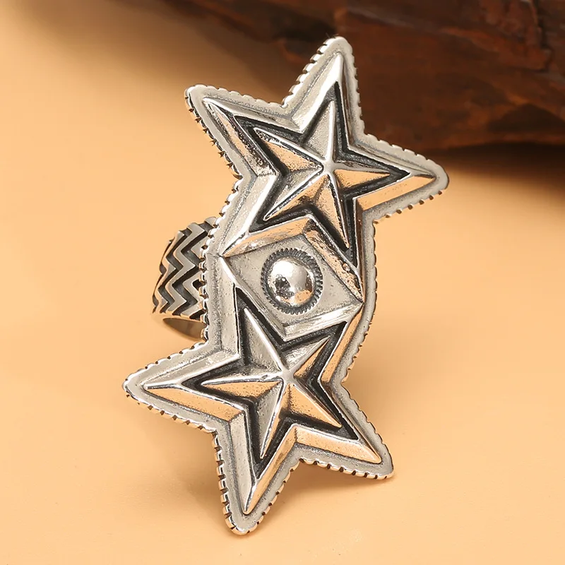 

S925 silver sawtooth edge four-fold star five-pointed star ring personality domineering hip-hop European and American 925 sterli