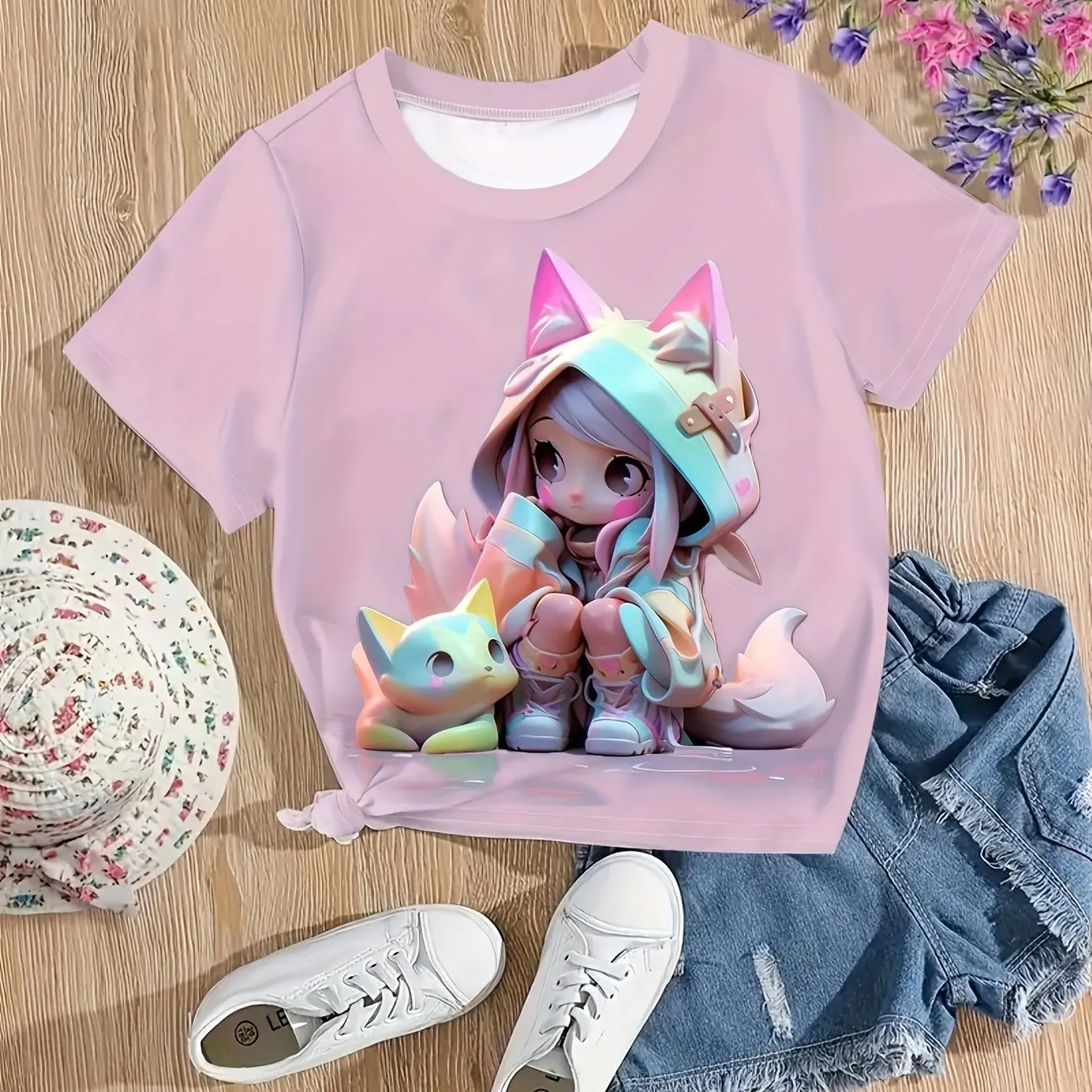 2024 Odzież dziecięca Anime Graphic Print Girls T-Shirt Wygodny okrągły dekolt z krótkim rękawem Topy Letnia odzież outdoorowa dla dzieci