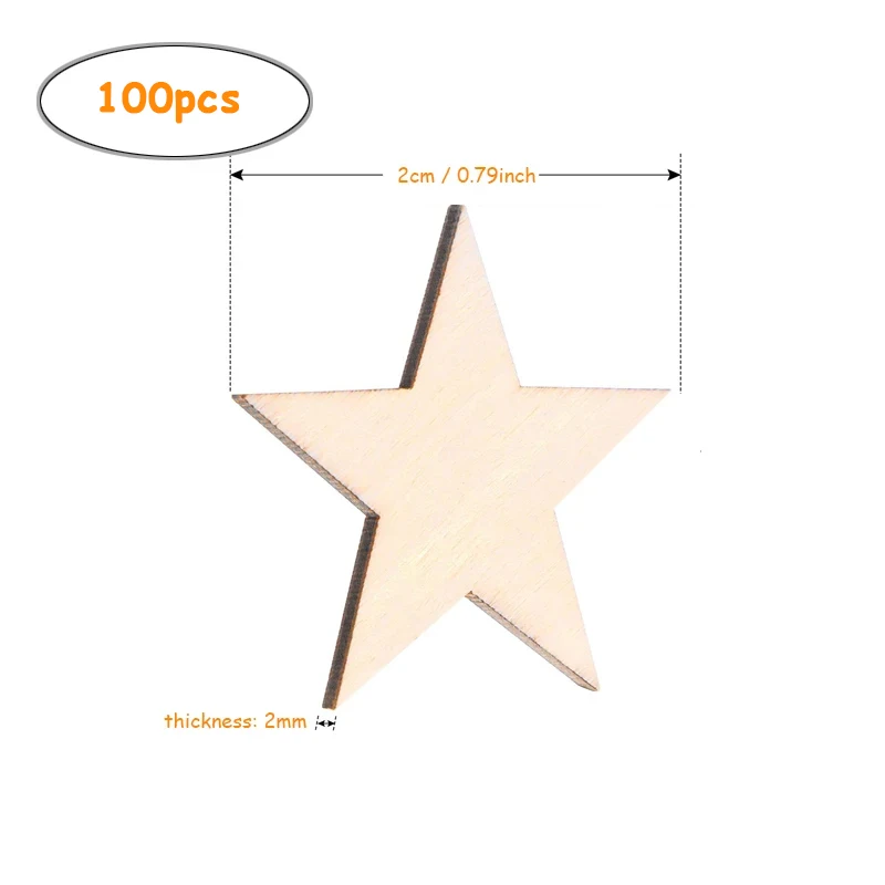 100pcs 2cm Wooden Star Craft Ornaments, Unfinished Blank Wooden Star Slices Embellishments for Christmas, Wedding, DIY Craft