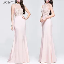 Women Halter Lace Dress Sleeveless Party Bridesmaid New Slim Empire Female Elegant Temperament Pink Long Clothing