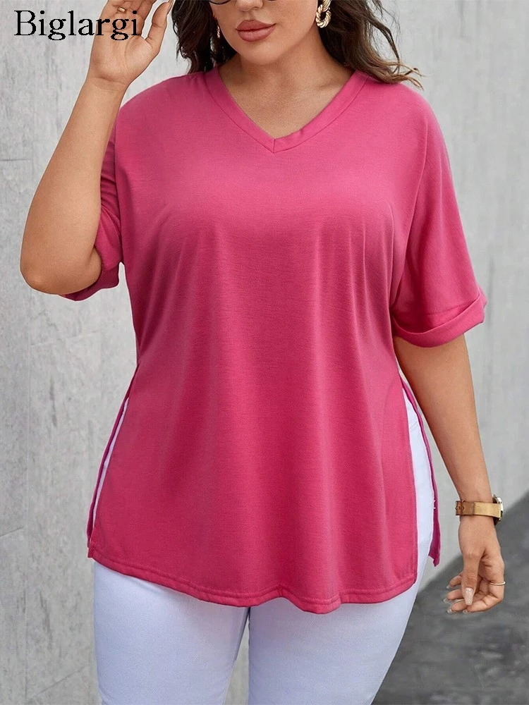 

Plus Size Summer Pullover T-Shirts Tops Women Split Loose Pleated Fashion Casual Ladies Blouses Short Sleeve Woman V-Neck Tops