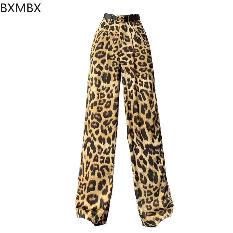 Leopard print wide-leg pants women's summer thin acetic acid satin casual pants loose straight hanging cool and cold silk pants