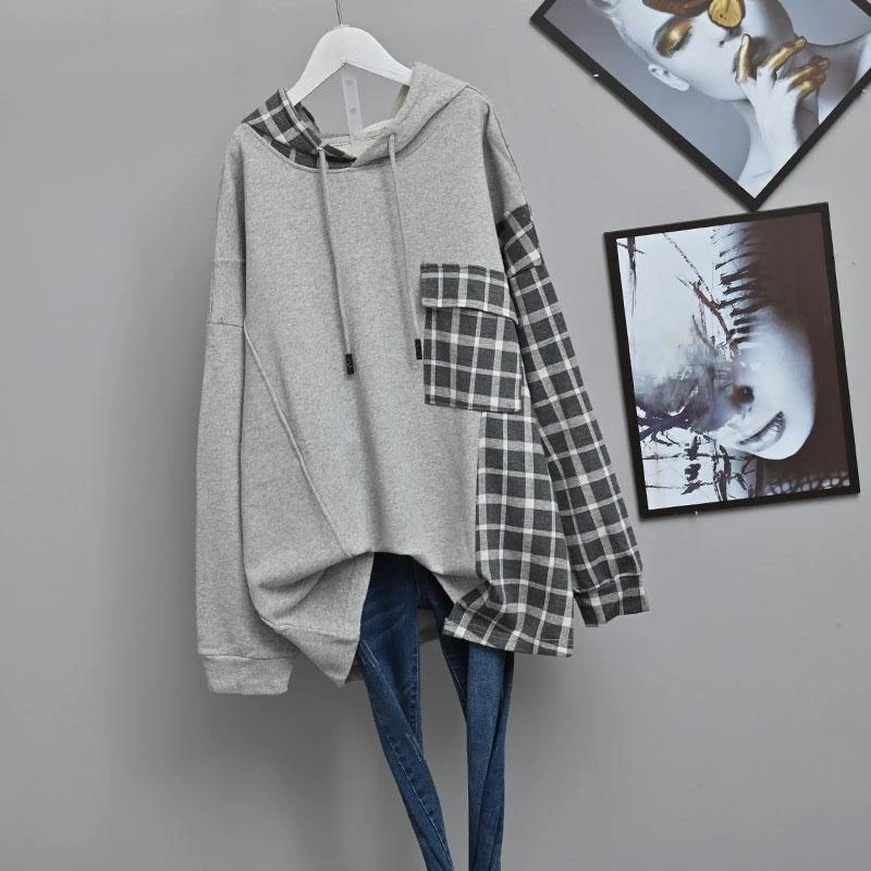 Women Plaid Patchwork Fashion Oversized Streetwear Cotton Hoodies Autumn Casual Long Sleeve Pullovers Female Hooded Sweatshirt