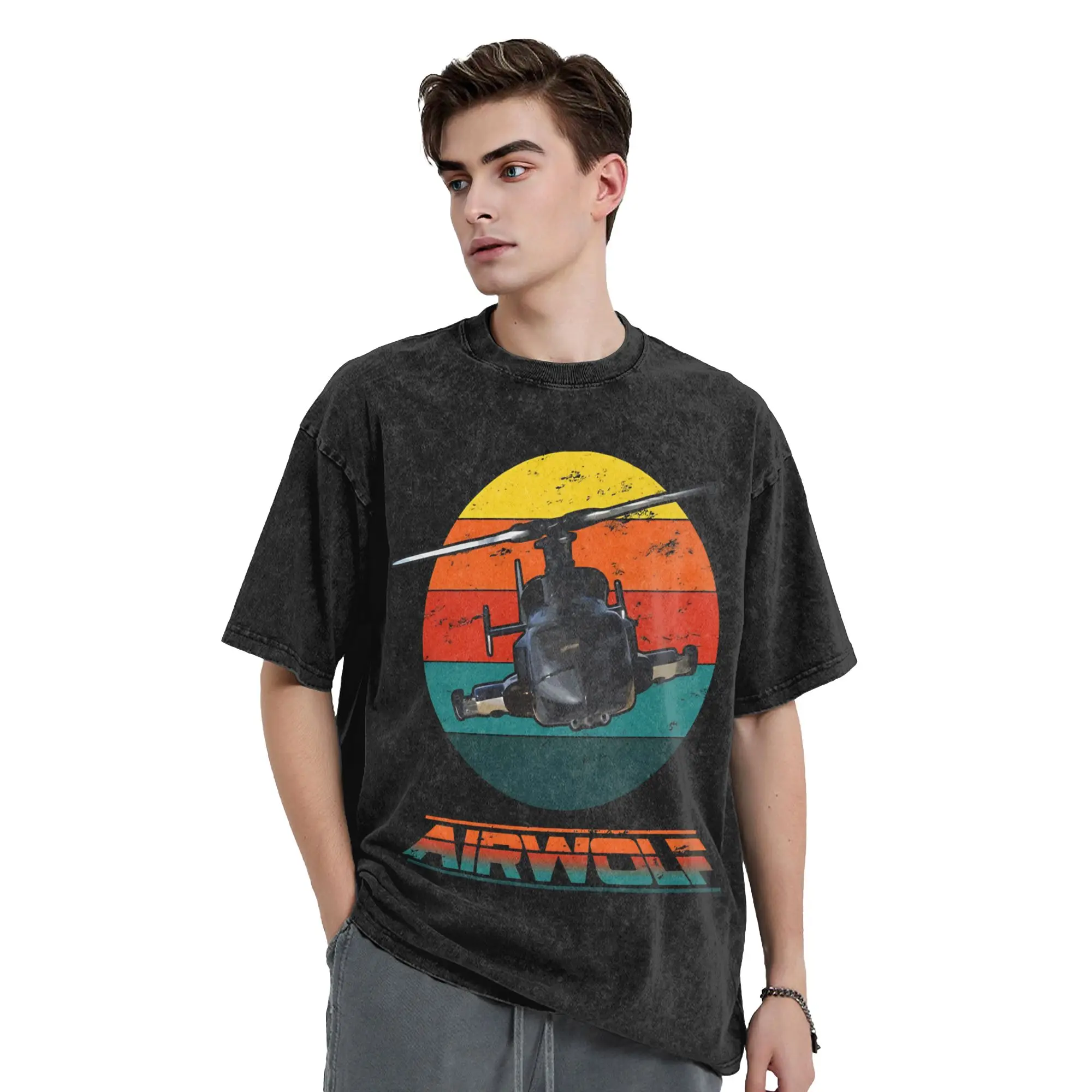 Men Airwolf Sunset 1980s T Shirts  Tops Beach Streetwear Short Sleeve T-Shirt O-Neck Fashion Casual Tshirt Cheap