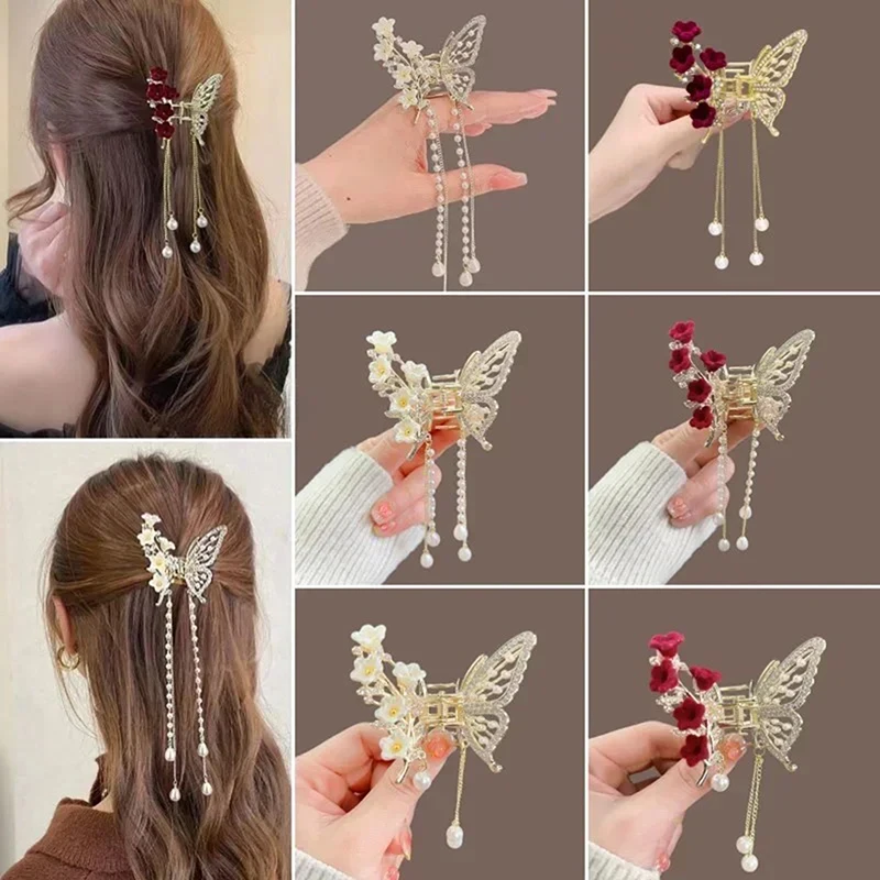 Red Flower Festival Hairpin Butterfly Tassel Pearl Hair Claw For Girls Ponytail Hair Clips Crab Women Fashion Accessories Gifts