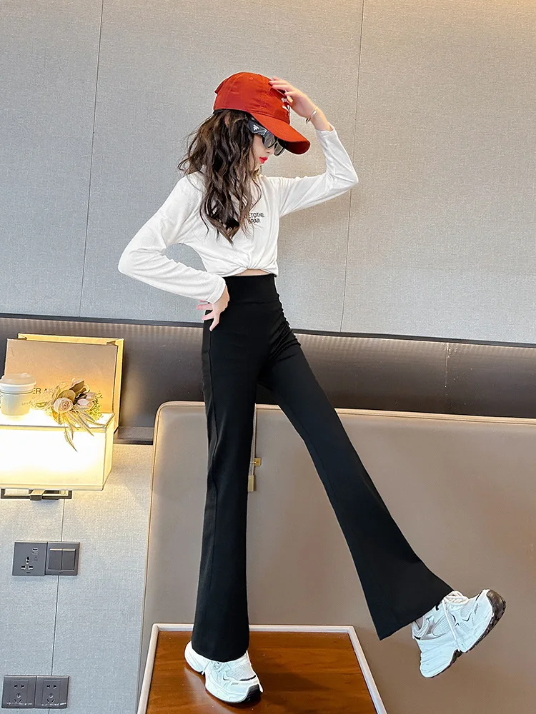 Girls' Black High-Elasticity Trousers, Girls' Flared Pants, 2024 New Arrival Girls' Yoga Pants For Autumn Wear