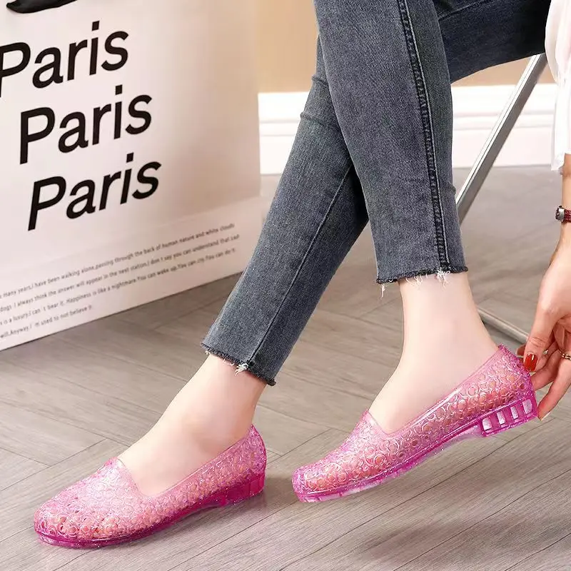 Baotou-Sandales en MSI de cristal creux pour femmes, chaussures de plage, chaussures de diversification, semelle souple, coordonnantes, semelle plate, été, nouveau, 2024