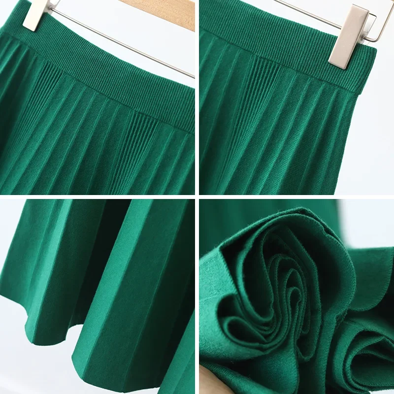 Autumn Women Wool Pleated Skirts Knitted Long Skirt Mid-length Winter Elegant High Waist Woolen A-line Umbrella Bust Skort Woman