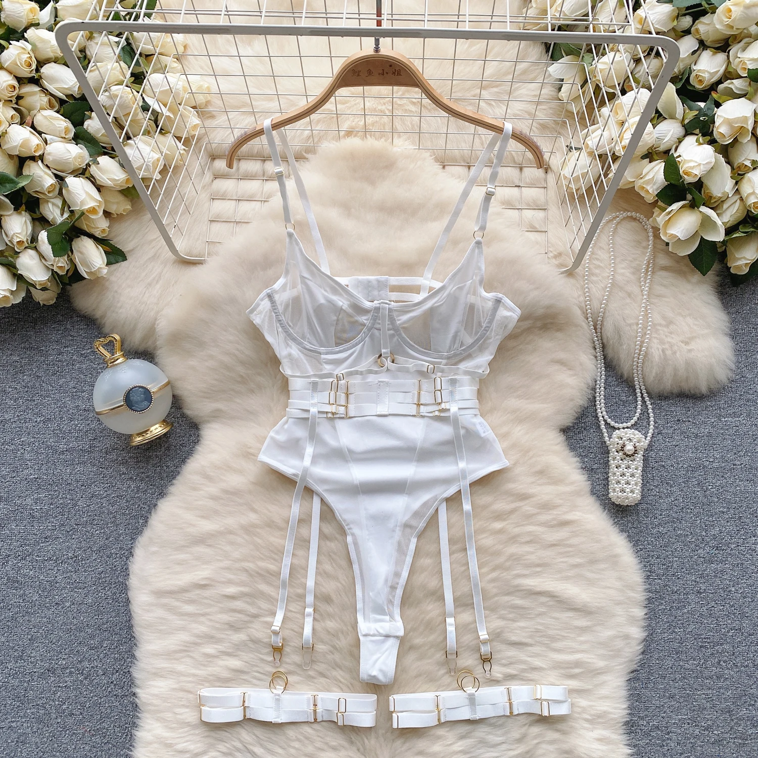 Women Hotsweet Mesh Vintage Straps Bodysuits Chic Patchwork Jumpsuits Slim Bandage Top with Leg Rings Rompers Summer Clothing