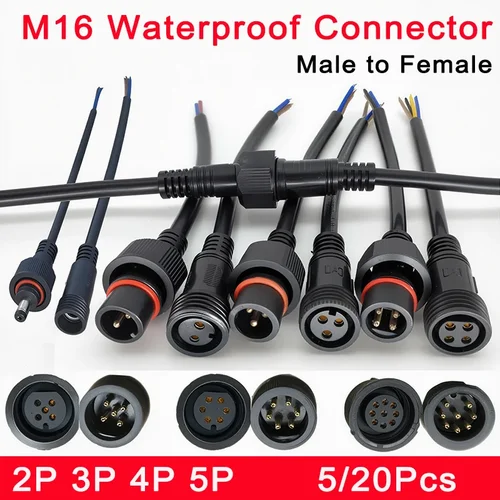 5/20 piezas M16 impermeable 2 3 4 5 pines IP65 macho y hembra Cable enchufe 22mm conector de tuerca 20CM OD 6mm para iluminación LED