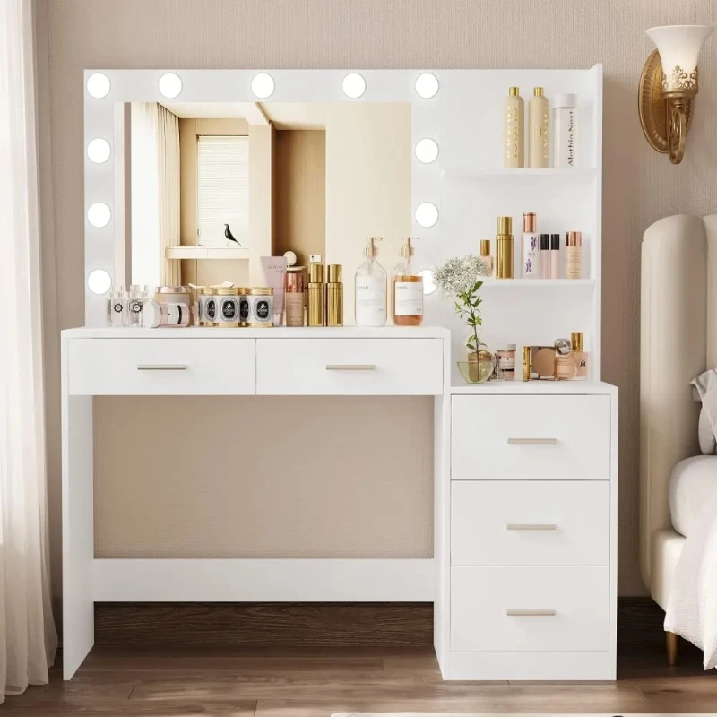 

Rovaurx 46.7" Makeup Vanity Table with Lighted Mirror, Large Vanity Desk with Storage Shelf & 5 Drawers, Bedroom Dressing