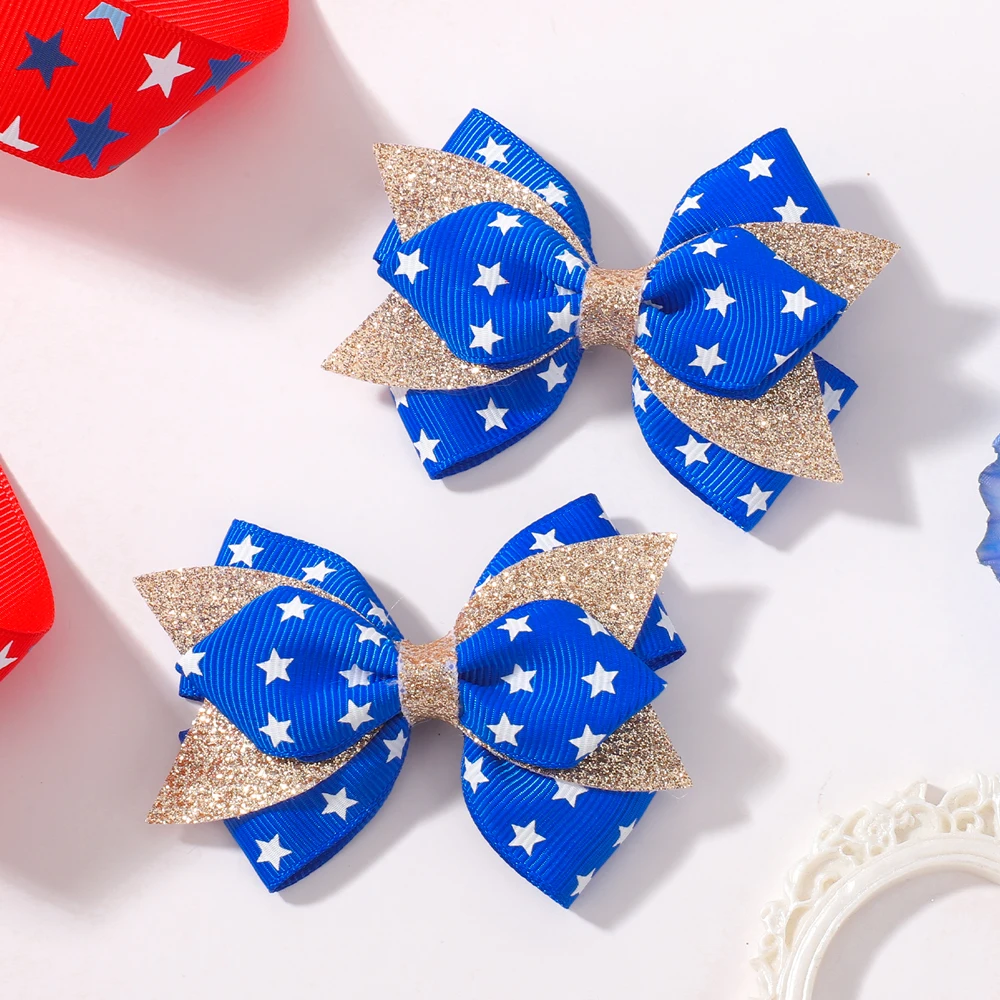 

2pcs Independence Day Print Star Kids Bows Hair Clips Set for Women Girls Glitter Bowknot Hairpin Headwear Hair Accessories