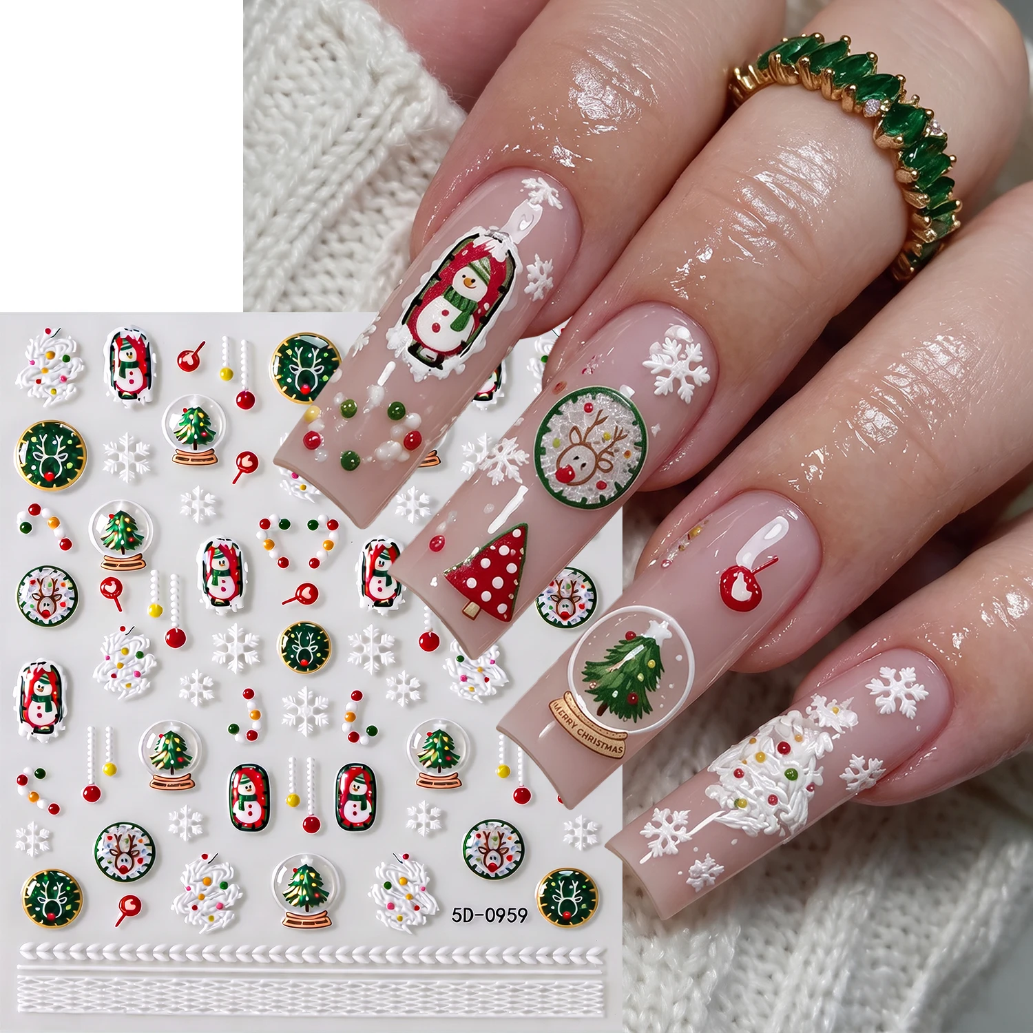 1PCS 5D Embossed Christmas Nail Stickers Snowman Xmas Tree Elk Snowflake Nail Decals Winter DIY Manicure Salon Nail Art Decors *