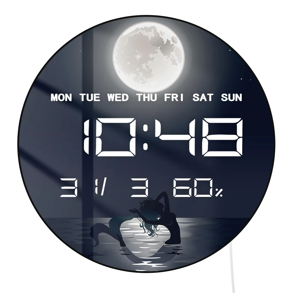 Mermaid Swimming at Full Moon Night LED Digital Wall Clock with Calendar Temperature Auto Dimming 12/24hr Electric Wall Clock