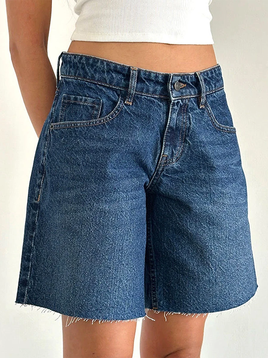 Women\'s Y2k Baggy Denim Shorts Knee Length Loose Solid Color Wide Leg Raw Hem Vintage Bermuda Shorts with Pockets Summer