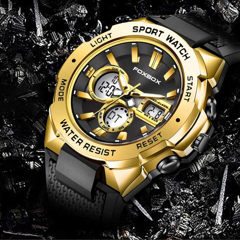 FOXBOX New Military Watches for Men Luxury Sport Chronograph Alarm WristWatch ​Waterproof Quartz Big Clock Digital Male Watches