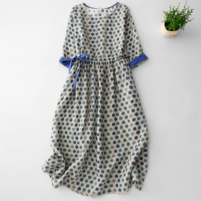

Women Polka Dot Midi Dress Chic Drawstring Short Sleeve Loose A-Line Cotton Linen Dresses Femme Casual Summer Clothes N670