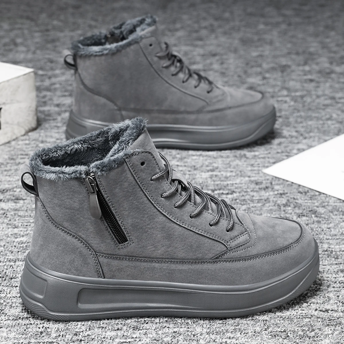 Men Women Warm Plush Winter Short Boots High-top Side Zipper Snow Booties Thick Sole Anti-slip Casual Couple Footwear Black Gray