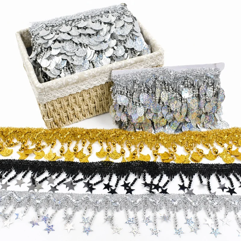 

2/5M 85/100mm Sequin Tassel Lace Trim Gold Silver Pendant Fringe for Latin Dance Dress Curtain Trimming DIY Sewing Decoration
