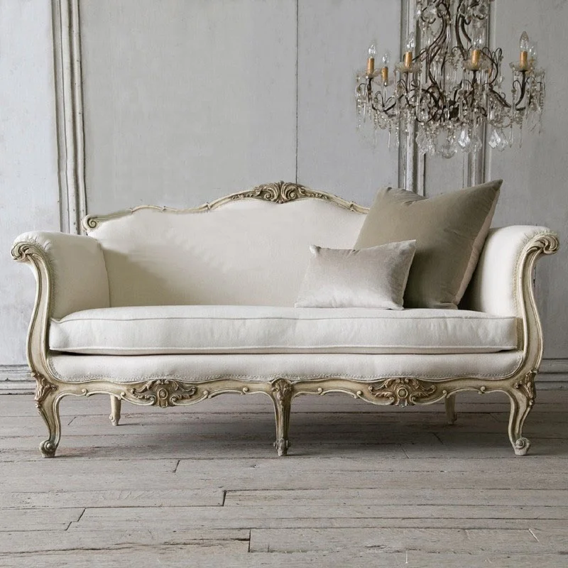 

Farmhouse high-end three-person antique carved solid wood sofa custom French living room furniture