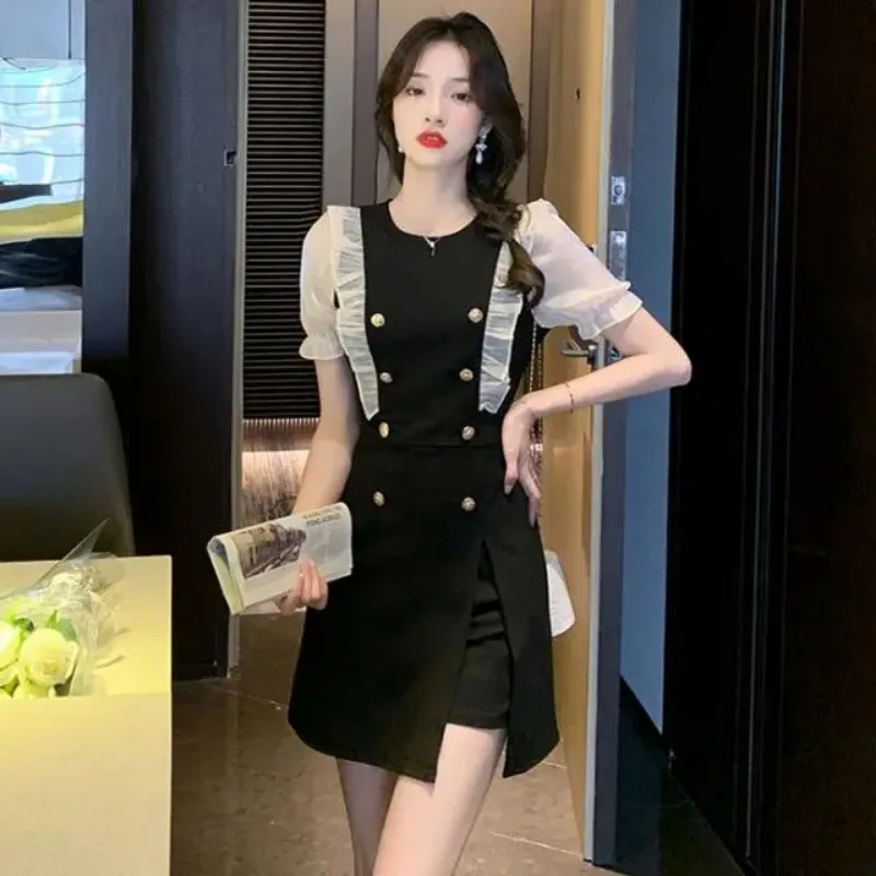 

Women's Elegant Office Outfit Round Neck Ruffle Puff Sleeve Mesh Patchwork Black Dress With Shorts Slim Formal Set