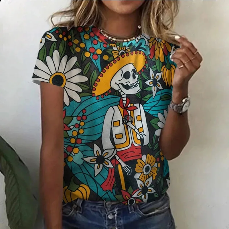 Mexico Ghost Día de Muertos Print Short Sleeve T shirt fashion Tee Oversized Tops Quick-Drying clothing trendy clothes vacation image 2