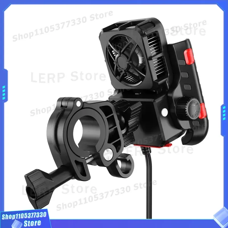 360 Degree Rotatable Motorcycle Phone Holder with Cooling Fan Type C USB Charging Port Durable PA66 Material for Mobile