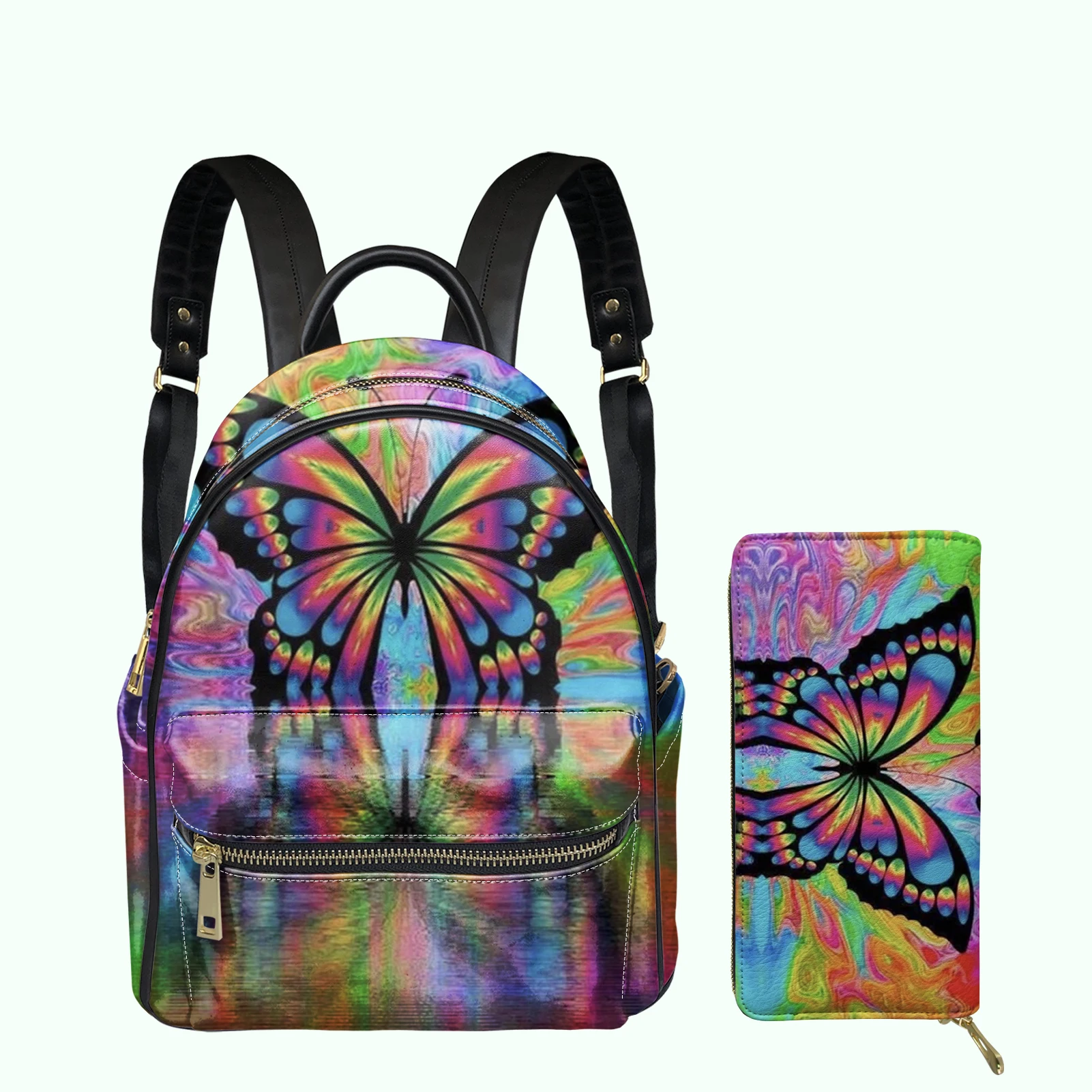 

Pretty Colorful Butterflies Print Ladies Backapck Wallet 2pcs/Set Luxury PU Leather Female Bag Girl's Small Schoolbags Satchel