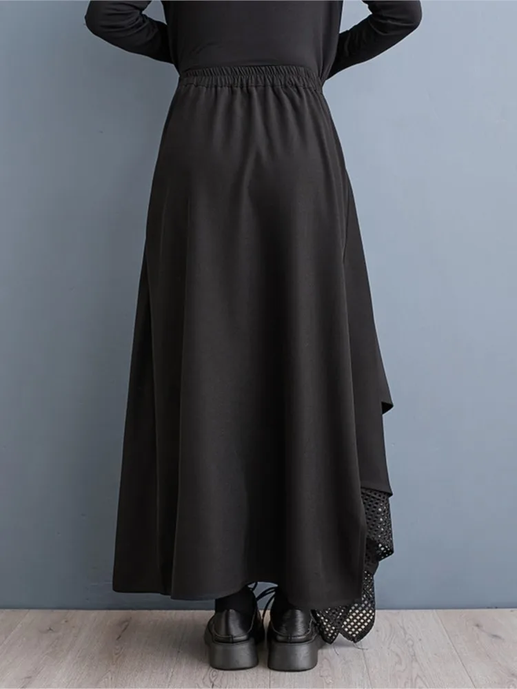 กระโปรงทรงเอไลน์ยาวสำหรับฤดูใบไม้ร่วง ไซส์ใหญ่ ผู้หญิง กระโปรงจีบระบายแบบไม่สมมาตร แฟชั่นลายต่อผ้า กระโปรงผู้หญิงเอวสูงแบบยางยืด