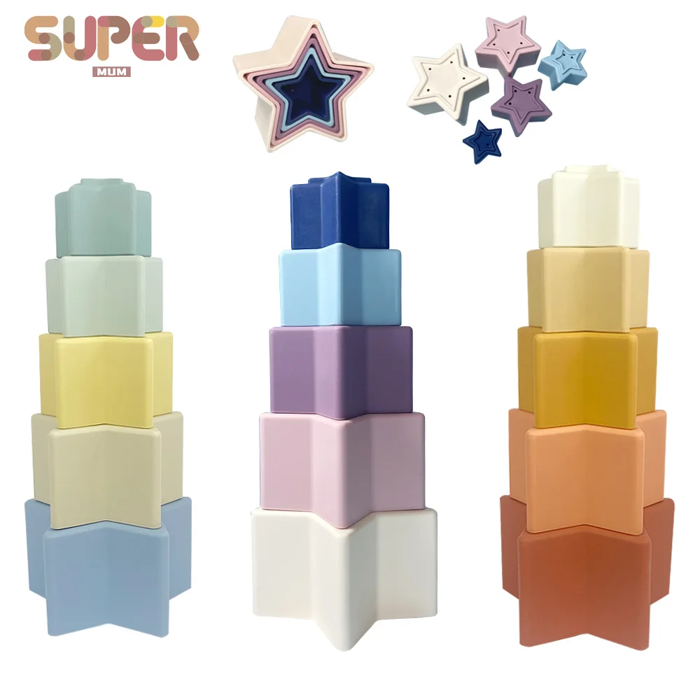 New Silicone Stacked Cup Baby Teether Building Block Star Bath Early Educational Montessori Newborn Gift 0-36 Months Kids Toy