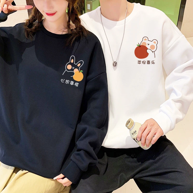 

500g Cotton Top Quality Peace And Happy In Chinese Women Men Hoodies Winter Fleece Long Sleeve Pullovers For Couple Clothes