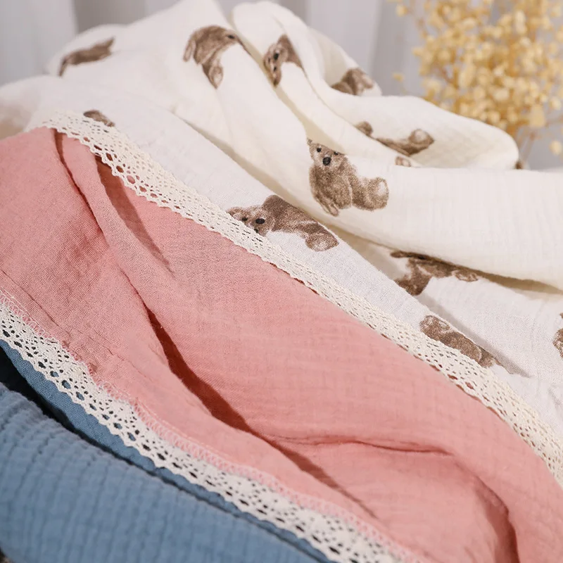 Baby Soft Bath Warpping Towel Breathable Muslin Cover For Stroller Cover Blanket Kids Air Condition Cotton Lace Edge Blanket