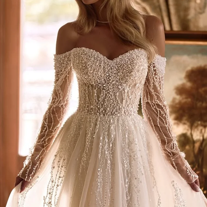 

White Wedding Dresses of off-shoulder A-line glitter decal Pearl jewelry Bridal Gowns Made Customized