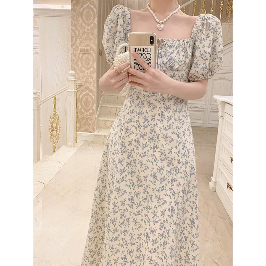 

【New style】Open slit lace dress summer dress waist waist chiffon long dress Korean style rice and white fairy dress high waist
