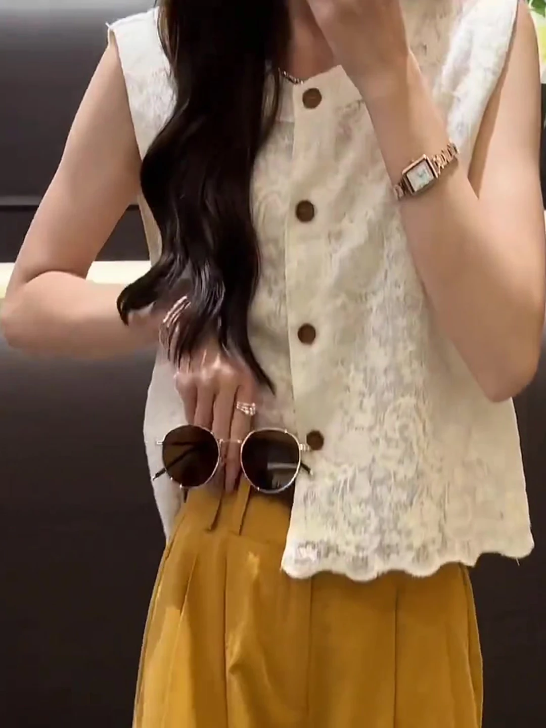 White Embroidered Top Summer New Lightweight Women's  Silk Faion Versatile round Ne Svel irt Hollow out Design