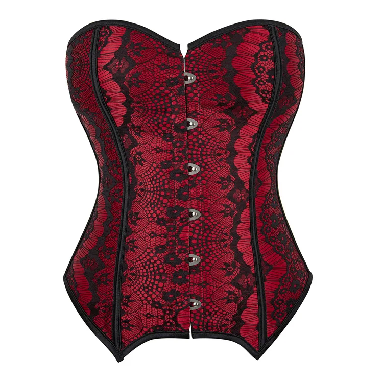 Sexy Vintage Victorian Satin Jacquard Floral Lace Overbust Corset Waist Cincher Bustier Wedding Lingerie