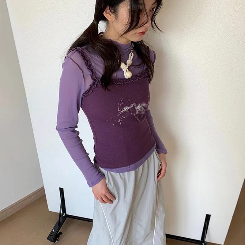 Karrram Y2k Aesthetics Lace Camisole Japanese Harajuku Knitted Tank Top Vintage 2000s Fairycore Camis Tops Purple Korean Fashion