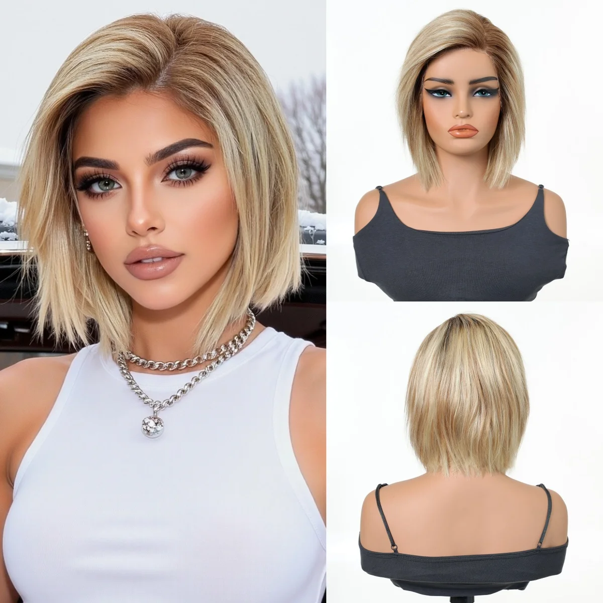 

Brown Mixed Blonde Ombre Human Hair Lace Front Wig Short Straight 100% Remy Human Hair Wig 9inch Bob Lace Frontal Hair for Women