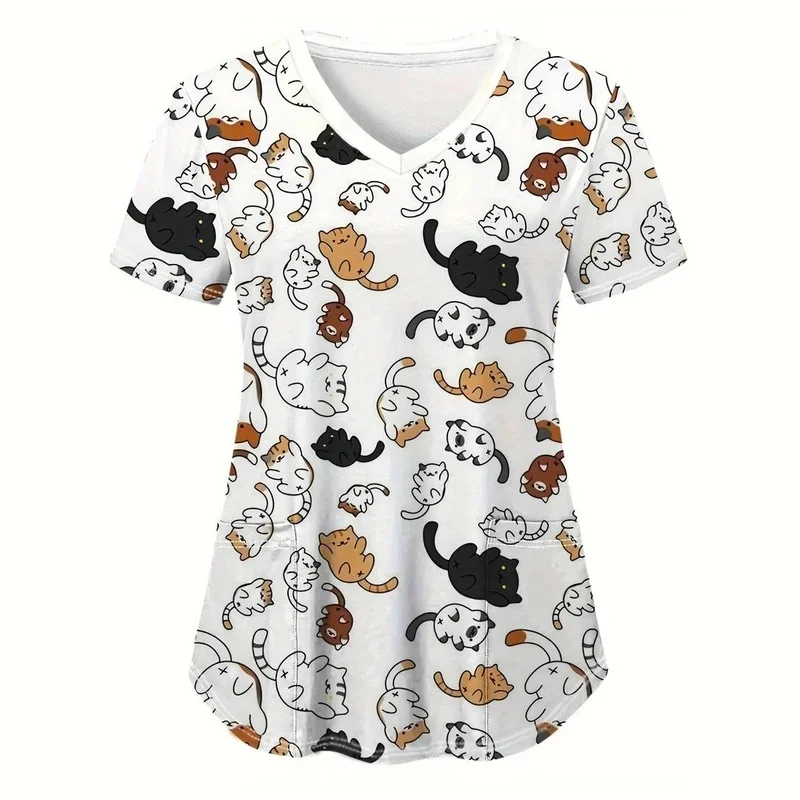 Bedrucktes Kurzarm-Shirt für Damen, V-Ausschnitt, Krankenschwester-T-Shirt, atmungsaktive und bequeme medizinische Uniformen für Tierklinikpersonal