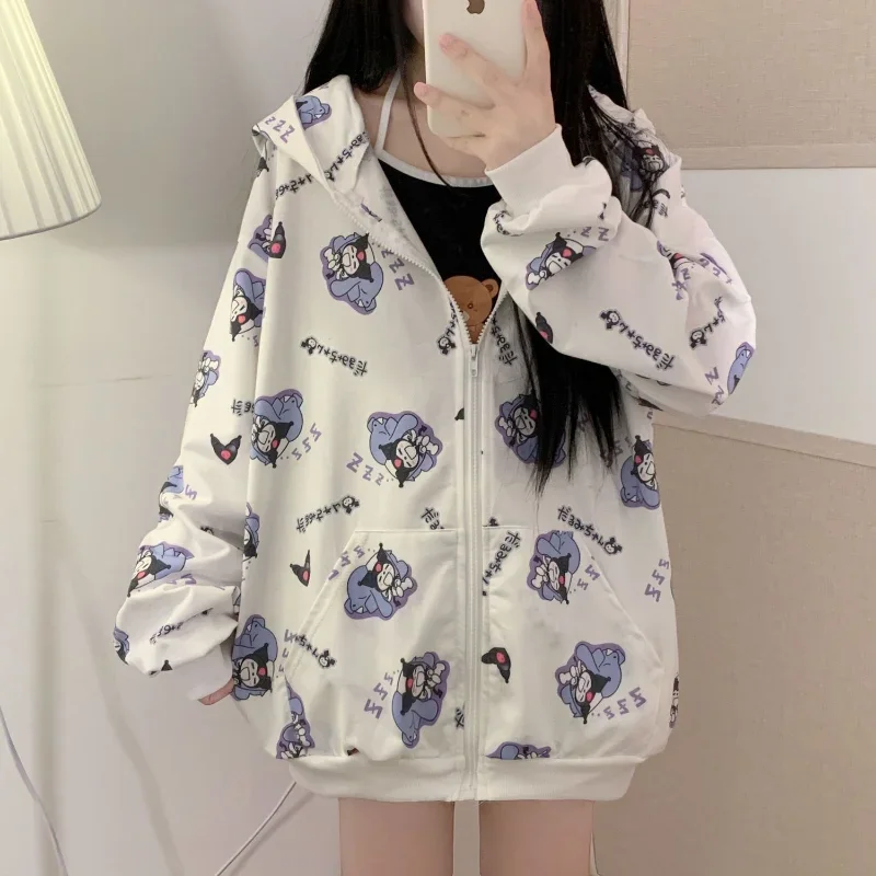 

Sanrio Kuromi Print Hoodeds Coat Spring Autumn Women New Loose Student Cardigan Sweatshirt Japanese Preppy Style Y2k Top Jackets