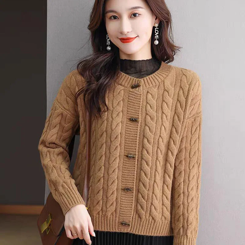 Women Clothing Vintage Elegant Knitted Cardigan Autumn Winter Chic Button Sweaters Fashion Loose O-neck Commute Tops