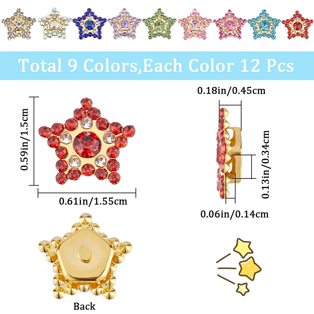 108Pcs Pentagrams Sew On Rhinestones 15mm Star Flower Claw Cup Rhinestone Gold Flatback Base Glass Gem Stones for Clothes