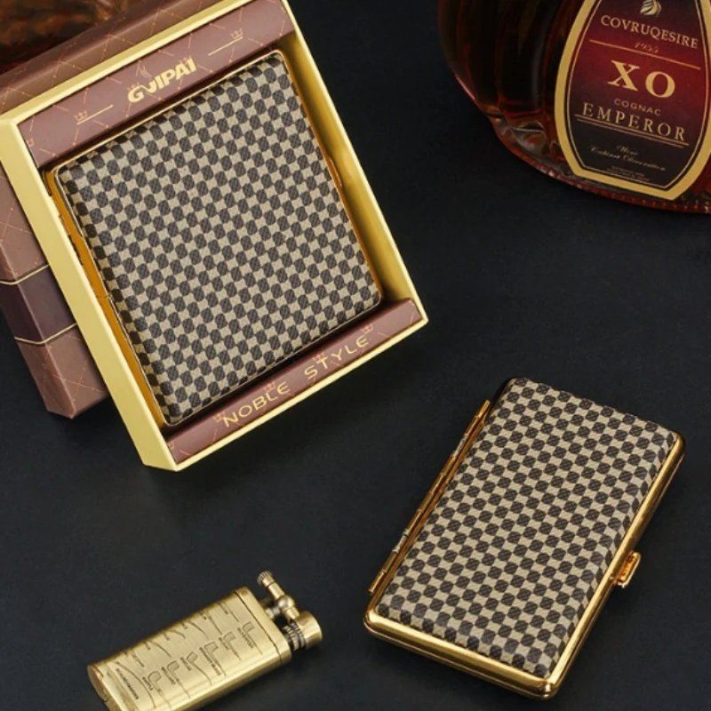 Brown Grid Pattern Extended Cigarette Box Wear‑Resistant Pressure‑Resistant Leather Storage Case Fine Coarse Cigarette Holder