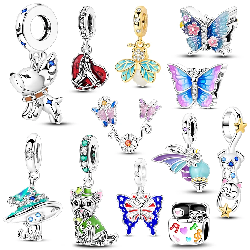 

Подходит для оригинального браслета из стерлингового серебра 925 пробы, подвески в виде бабочки, милая собака, кошка, бусины, кулон, цепочка в виде стрекозы для женщин, подарок, ювелирные изделия своими руками