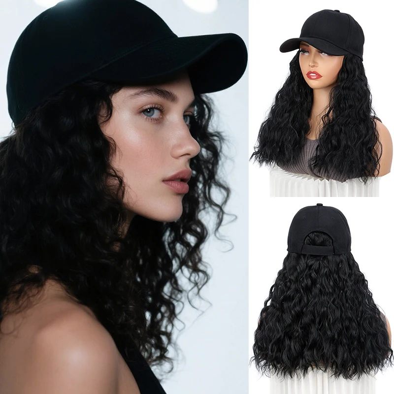 

Синтетический 18-дюймовый короткий вьющийся парик с волнистой шляпой и бейсбольной кепкой для женщин, регулируемый коричневый, черный, светлый парик