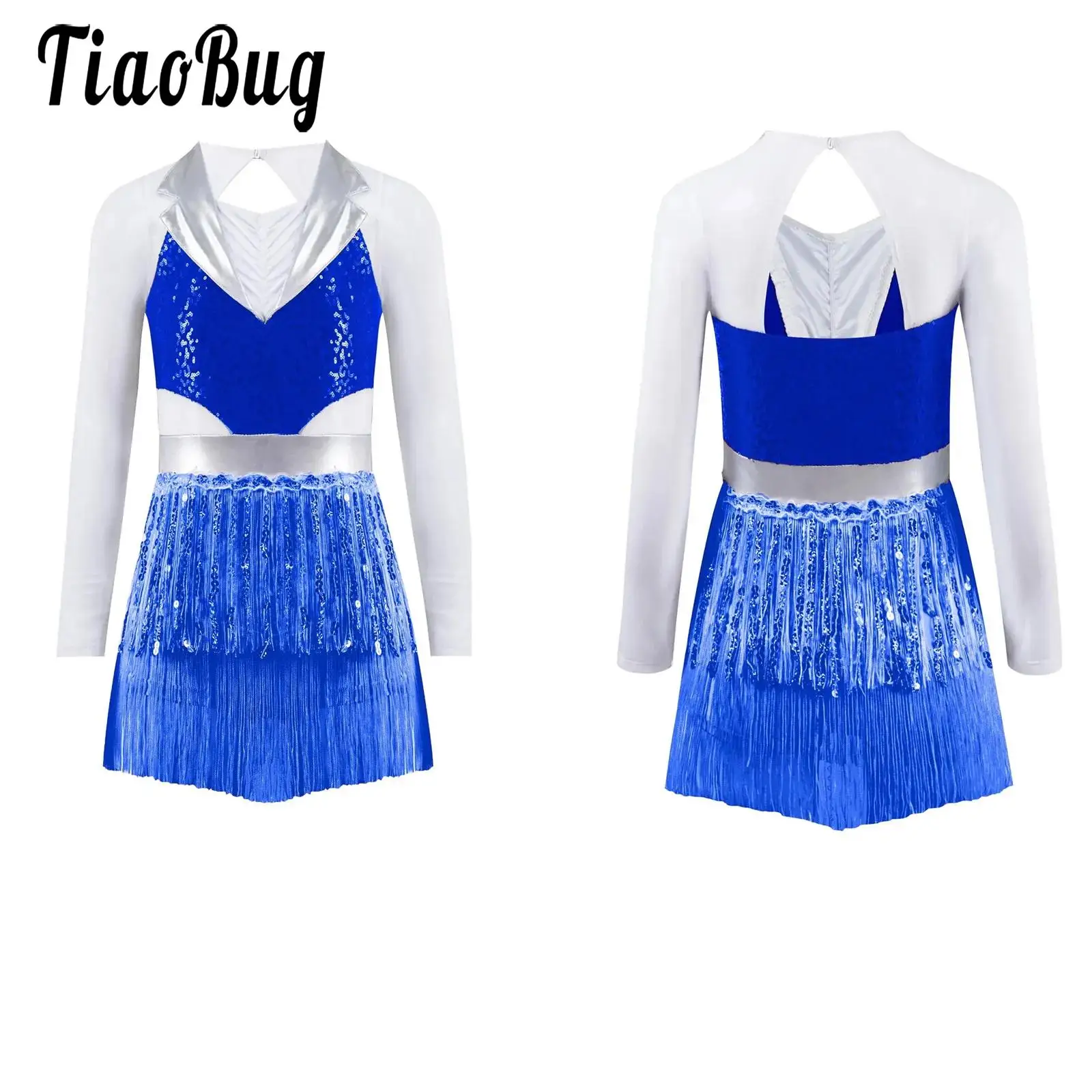 

Girls Shiny Sequined Jazz Tango Dance Dress Professional Tassel Leotards Dance Stage Performance Latin Chacha Samba Costumes