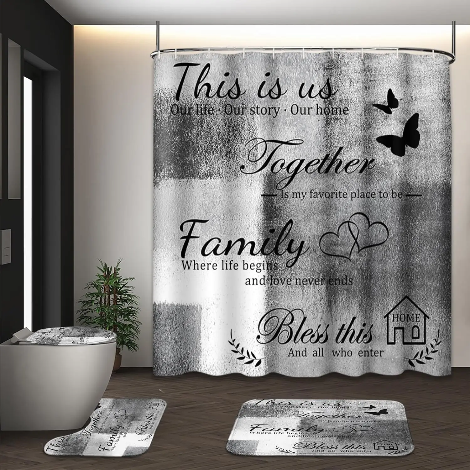 

Motivational Shower Curtain Set with Toilet Lid Cover and Non-Slip Rugs for Bathroom, Grey White Abstract Painting Art 4Pcs