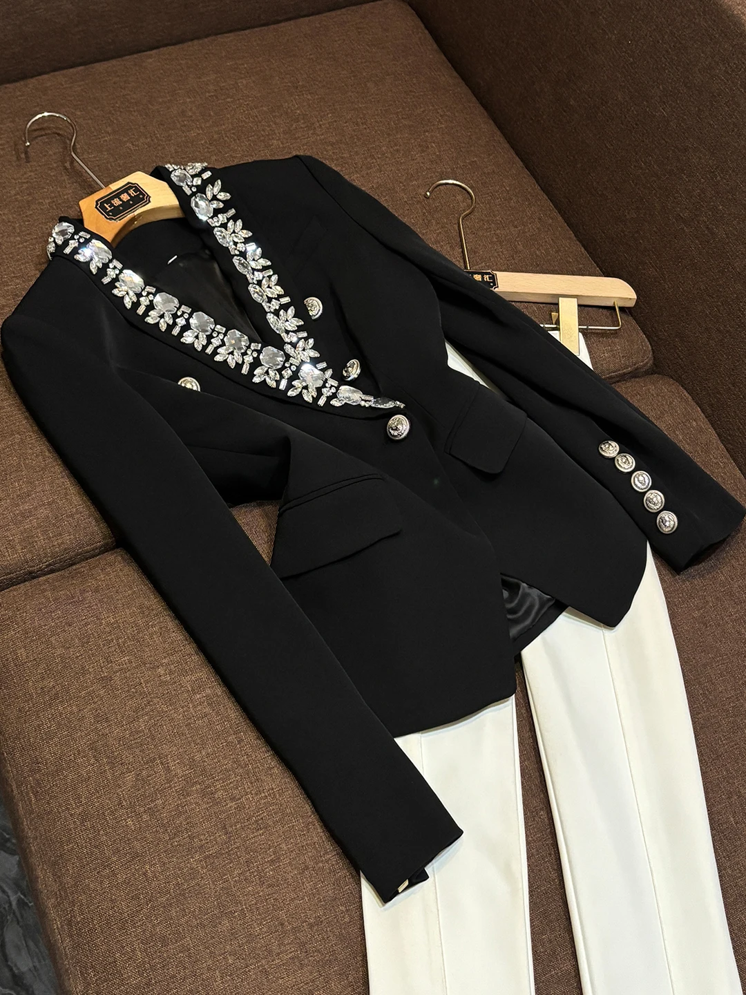 

Ele Tailored Winter Suit Heavy Embellied Diamond Women's Korean Sle Faionable Commute Long Sve Double Breasted